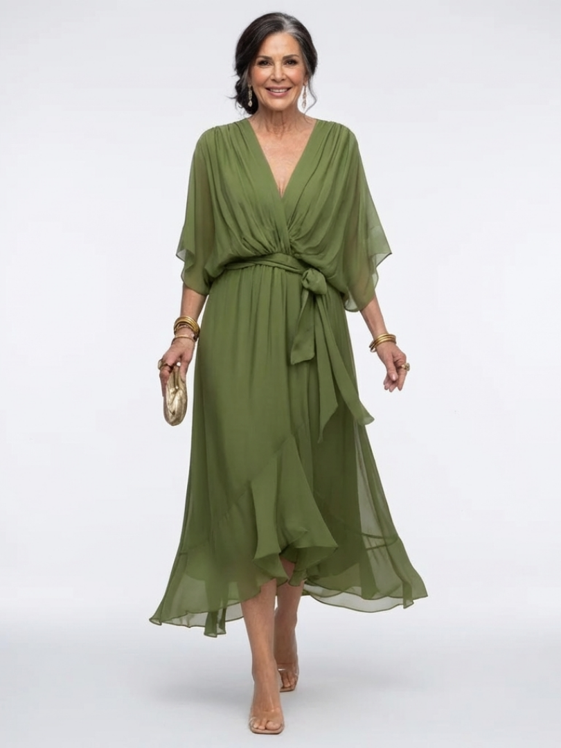 DELAMONT| Robe Midi Drapée à Encolure Elysia