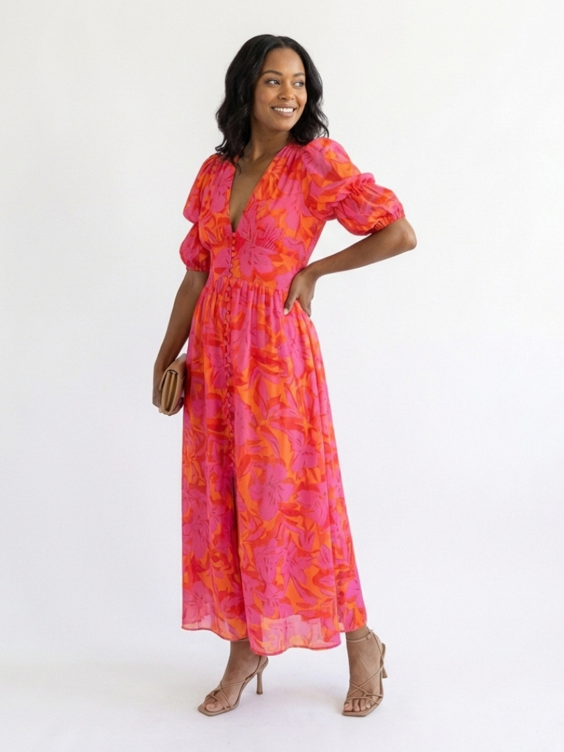 DELAMONT | Robe Midi à Manches Bouffantes Willow