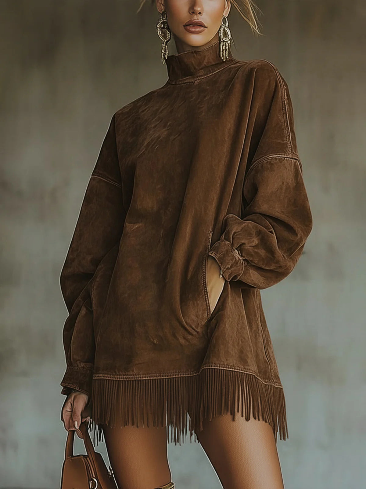 Delamont Paris | Robe en Suédine à Col Montant et Franges