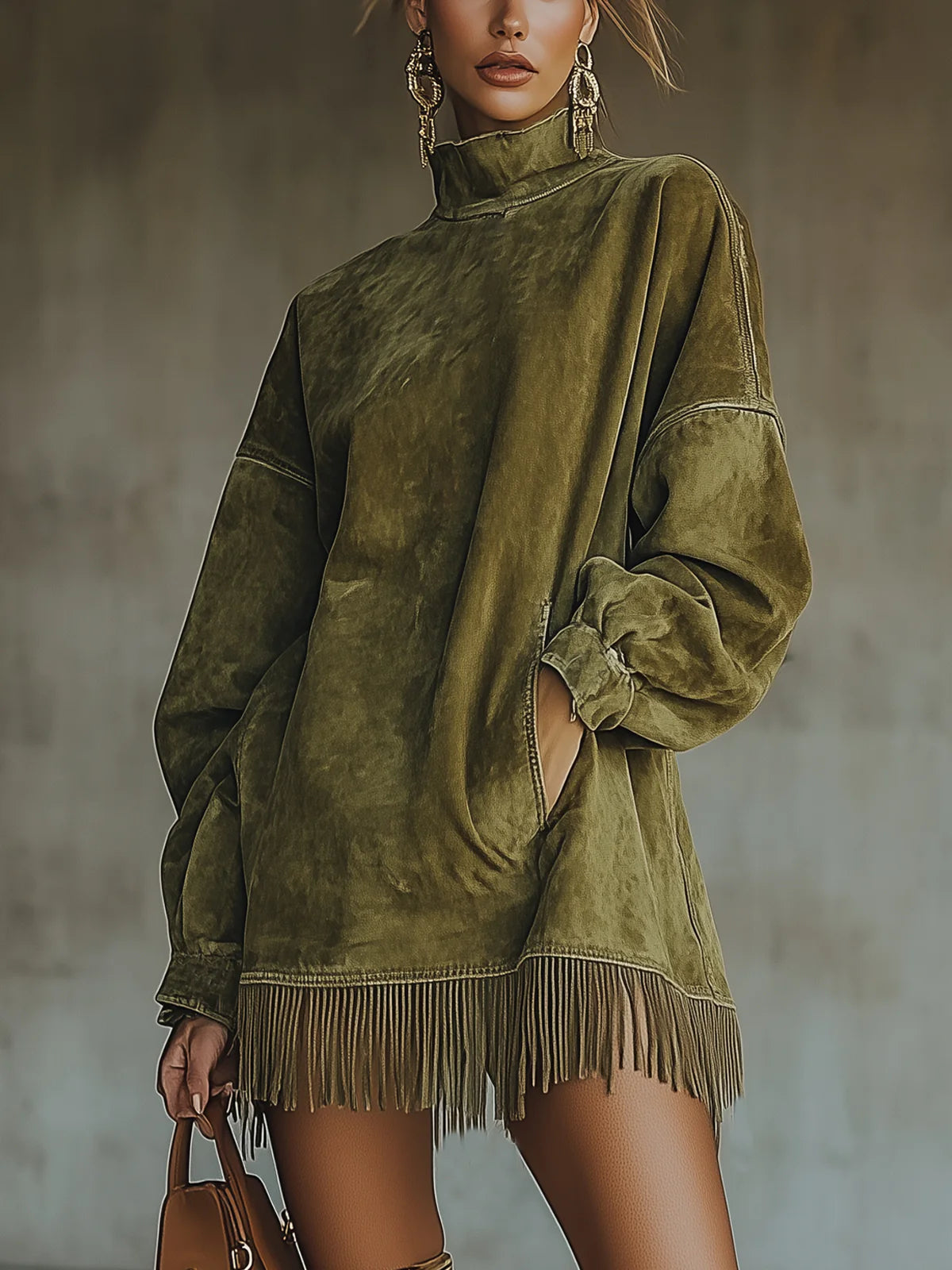 Delamont Paris | Robe en Suédine à Col Montant et Franges