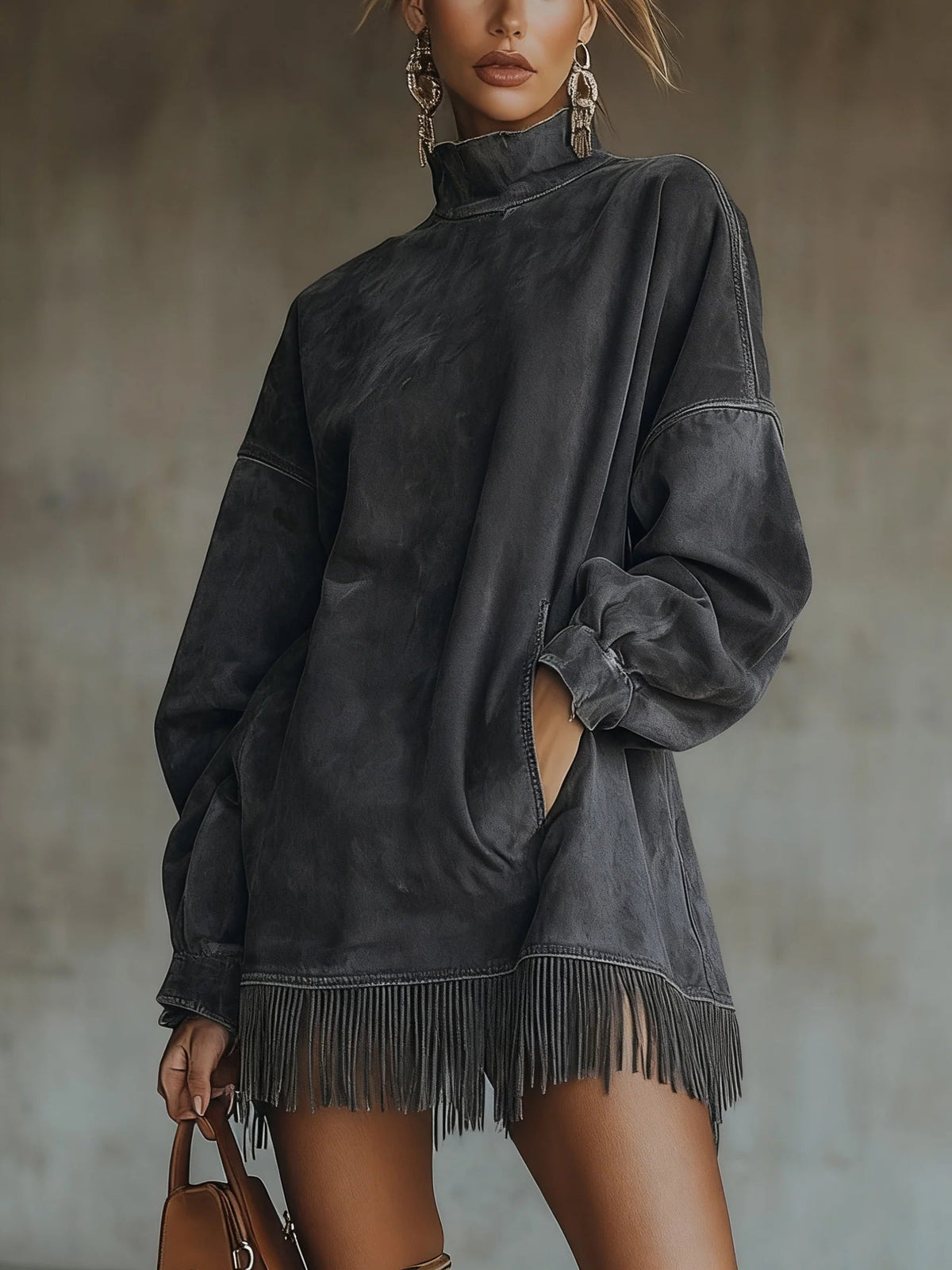 Delamont Paris | Robe en Suédine à Col Montant et Franges