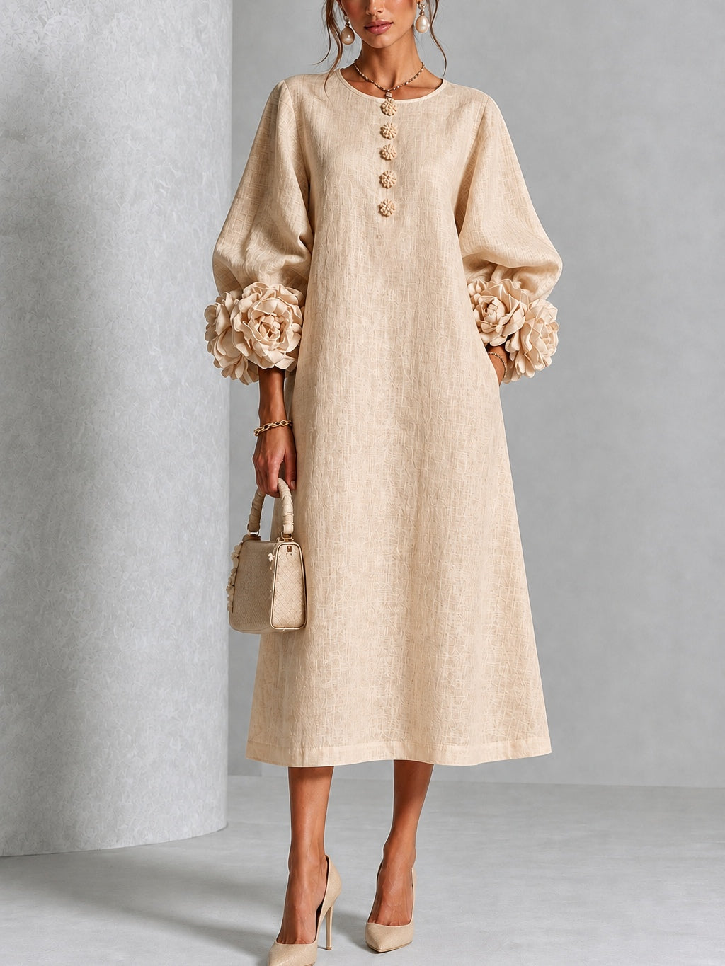 Capucine | Robe midi à manches bouffantes et boutons fleuris