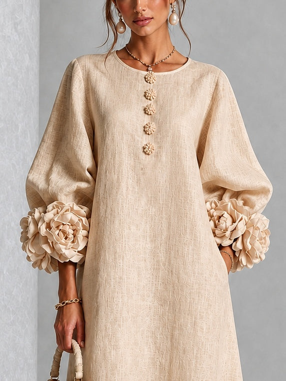 Capucine | Robe midi à manches bouffantes et boutons fleuris
