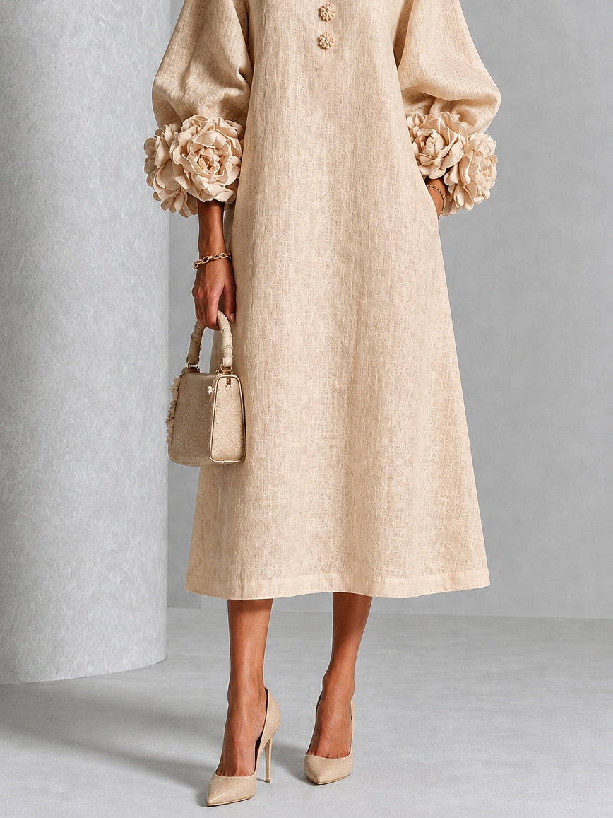Capucine | Robe midi à manches bouffantes et boutons fleuris