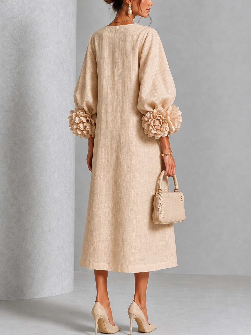Capucine | Robe midi à manches bouffantes et boutons fleuris