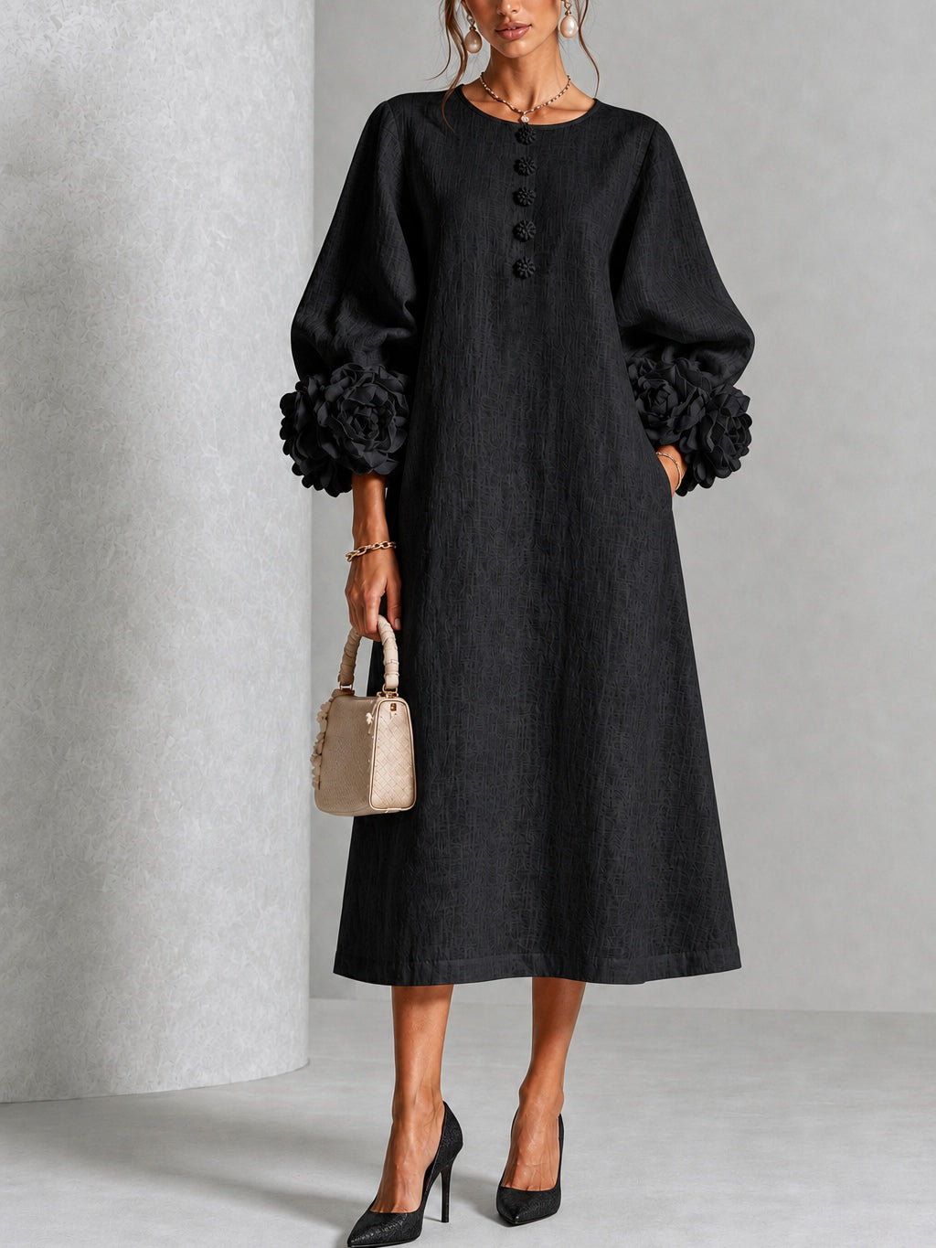 Capucine | Robe midi à manches bouffantes et boutons fleuris