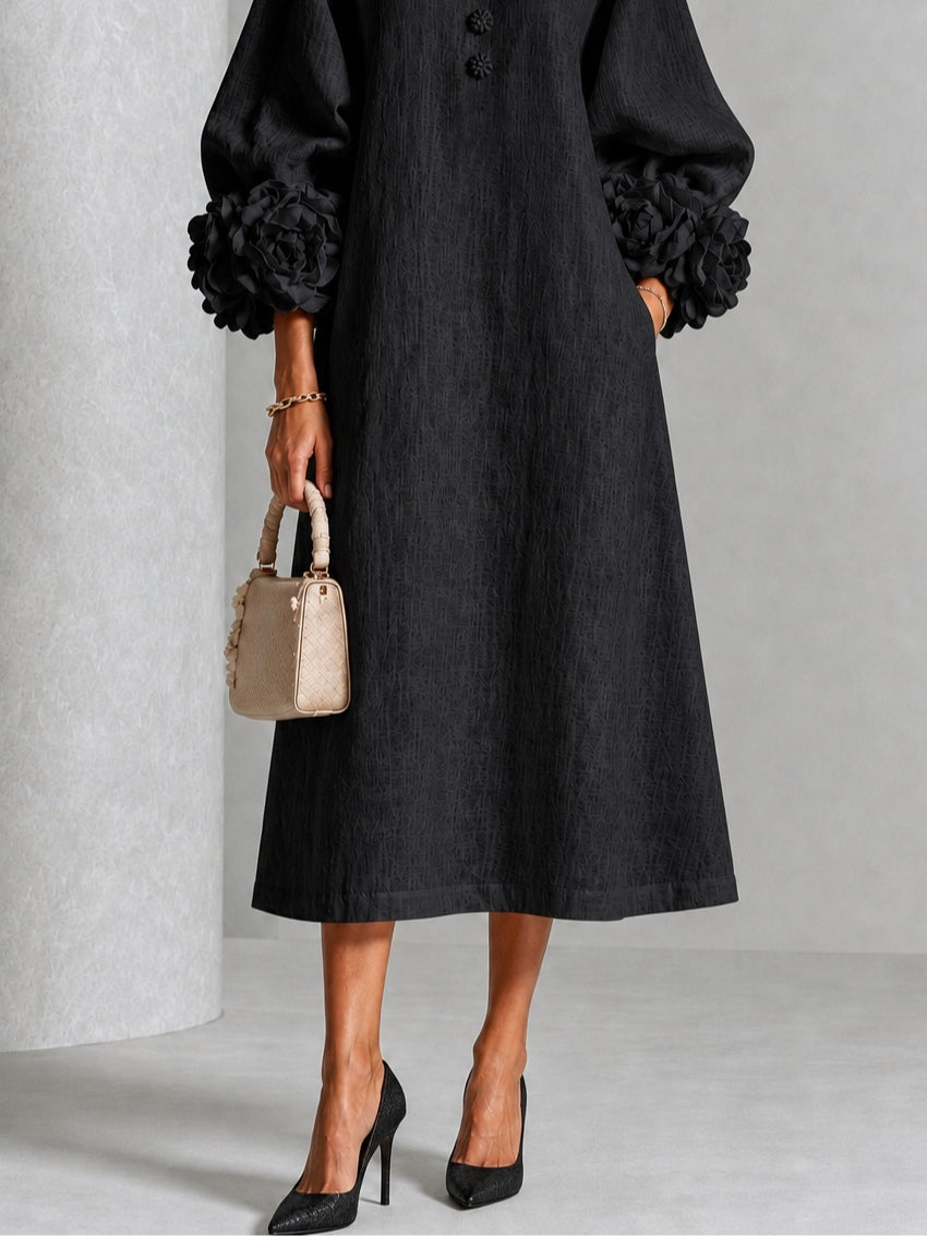 Capucine | Robe midi à manches bouffantes et boutons fleuris