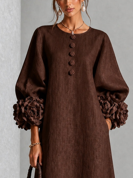 Capucine | Robe midi à manches bouffantes et boutons fleuris