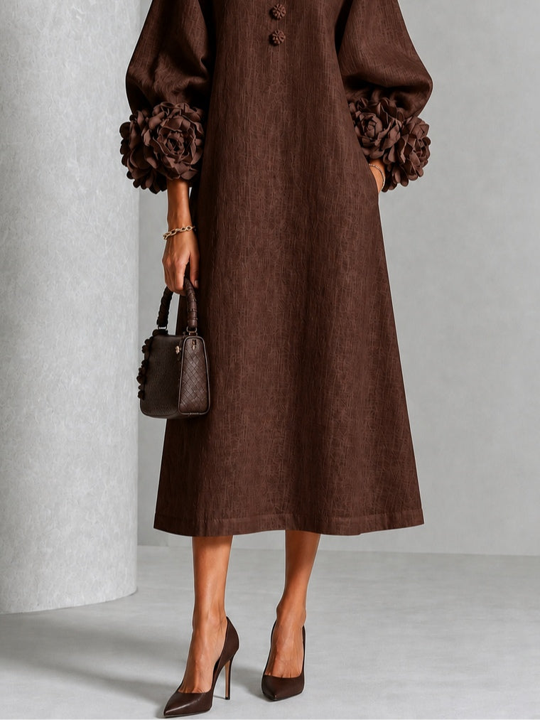 Capucine | Robe midi à manches bouffantes et boutons fleuris