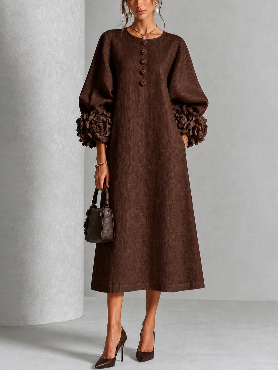 Capucine | Robe midi à manches bouffantes et boutons fleuris