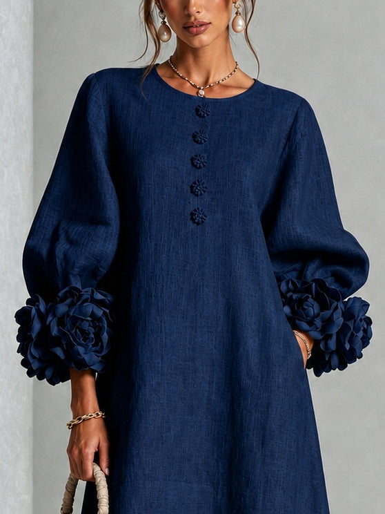 Capucine | Robe midi à manches bouffantes et boutons fleuris