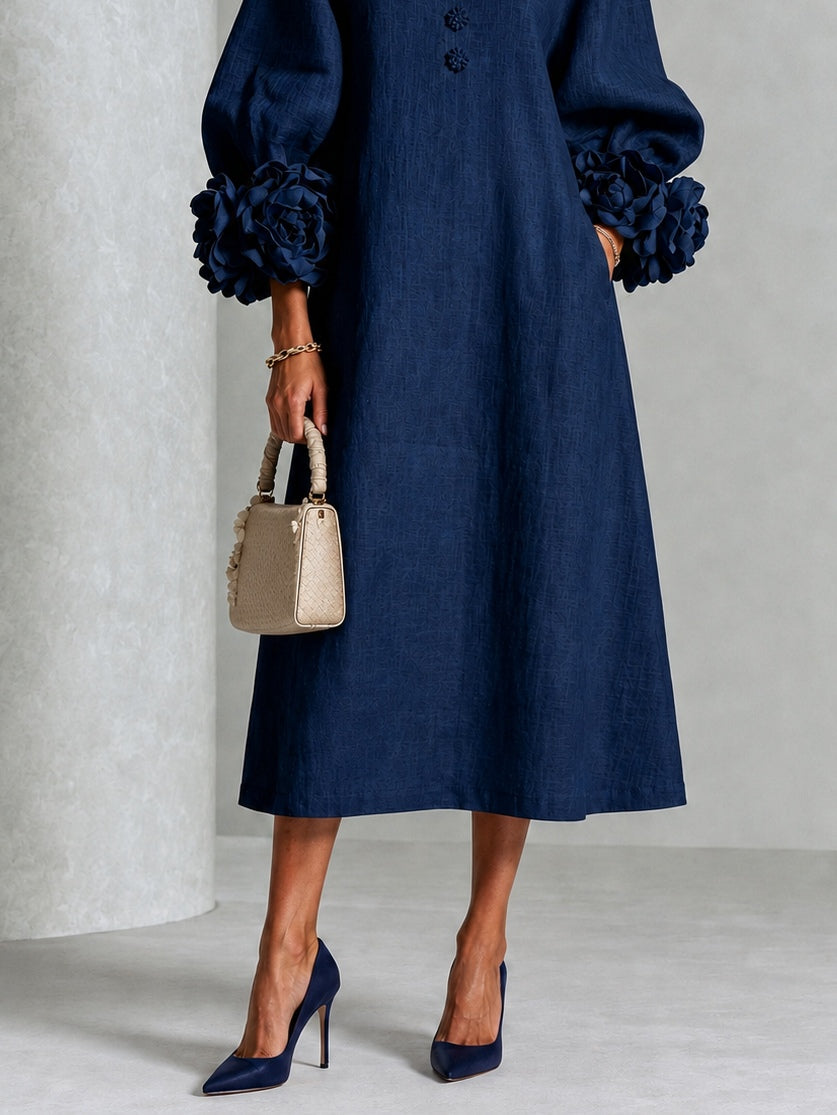 Capucine | Robe midi à manches bouffantes et boutons fleuris