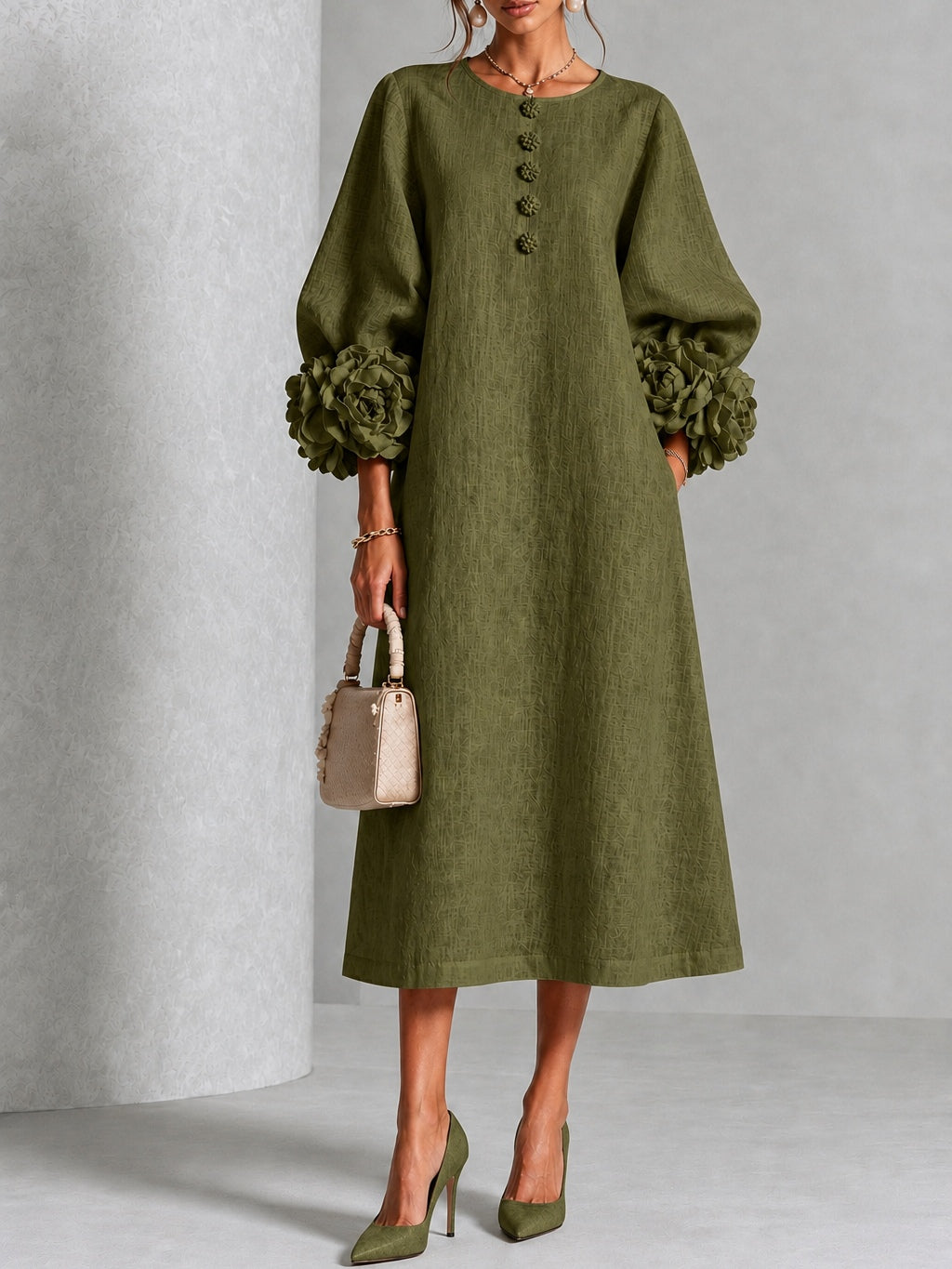 Capucine | Robe midi à manches bouffantes et boutons fleuris