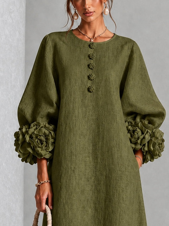 Capucine | Robe midi à manches bouffantes et boutons fleuris