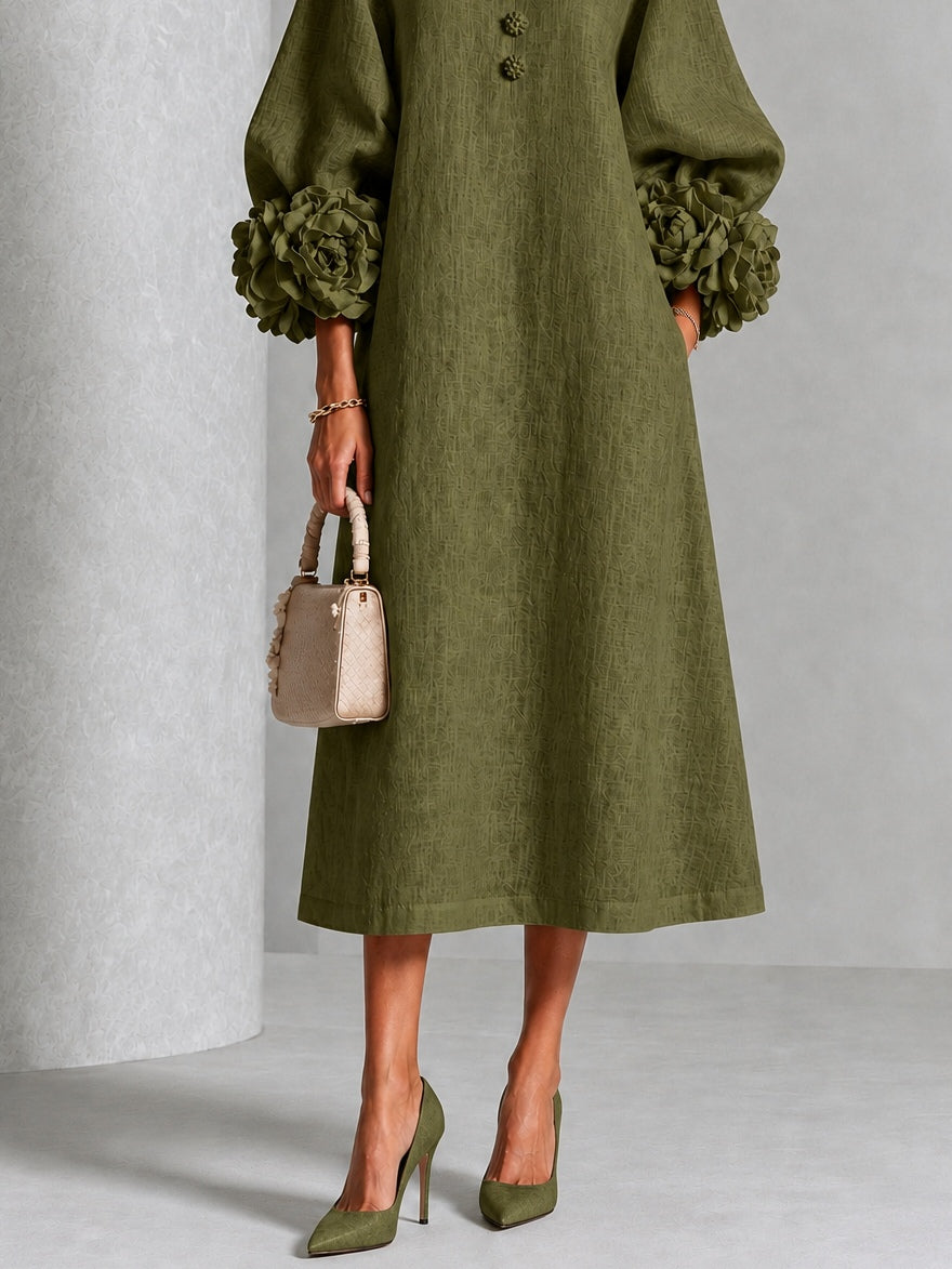 Capucine | Robe midi à manches bouffantes et boutons fleuris