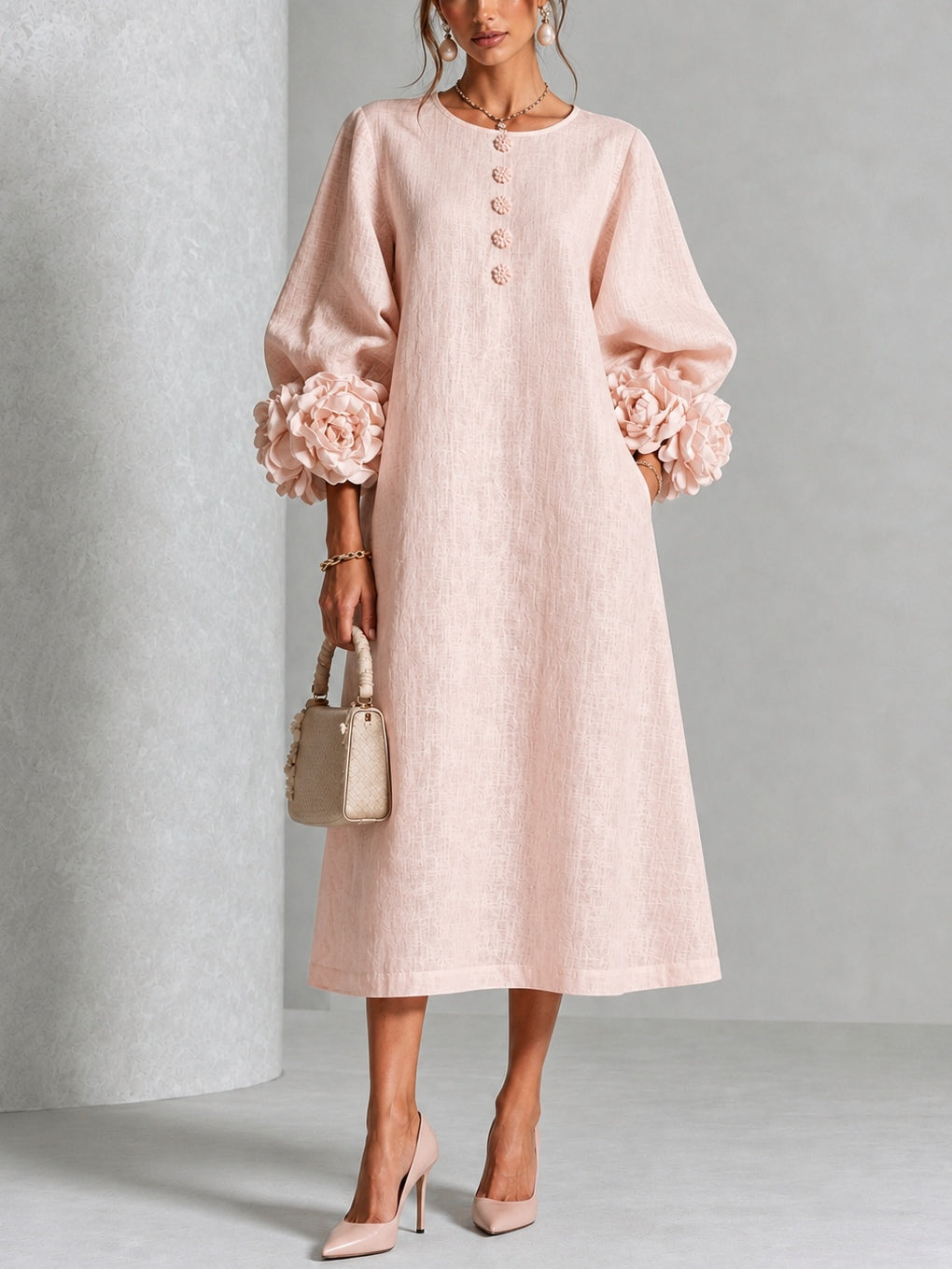 Capucine | Robe midi à manches bouffantes et boutons fleuris