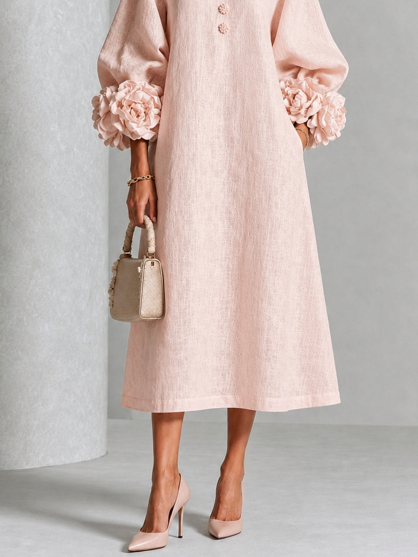 Capucine | Robe midi à manches bouffantes et boutons fleuris