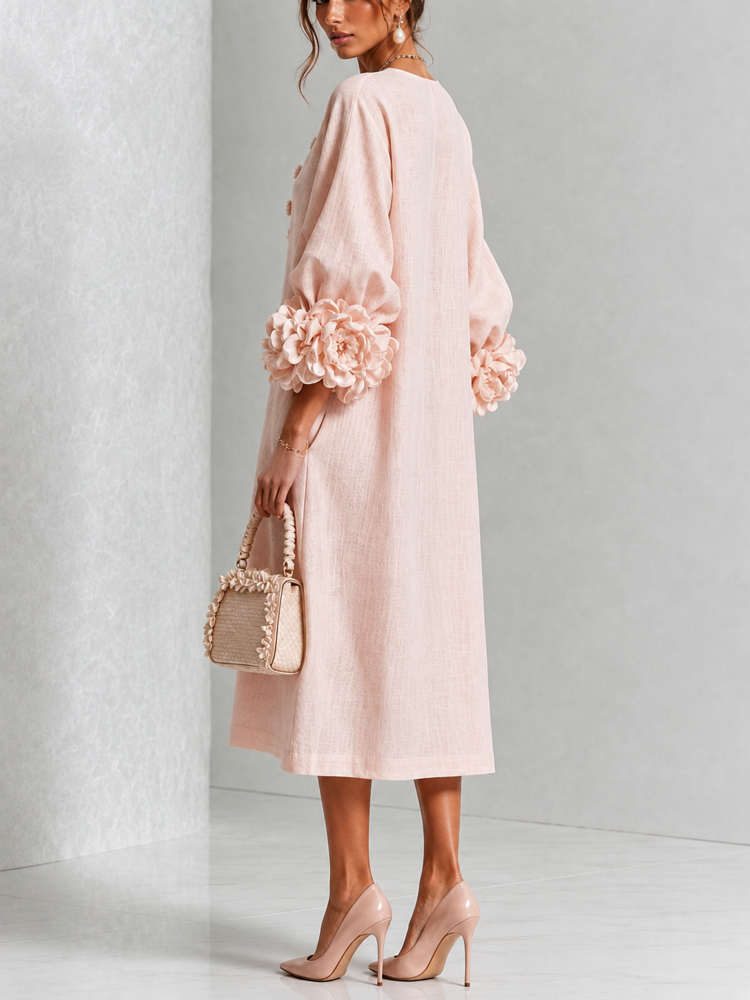 Capucine | Robe midi à manches bouffantes et boutons fleuris