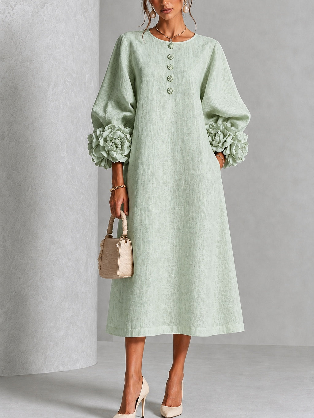 Capucine | Robe midi à manches bouffantes et boutons fleuris