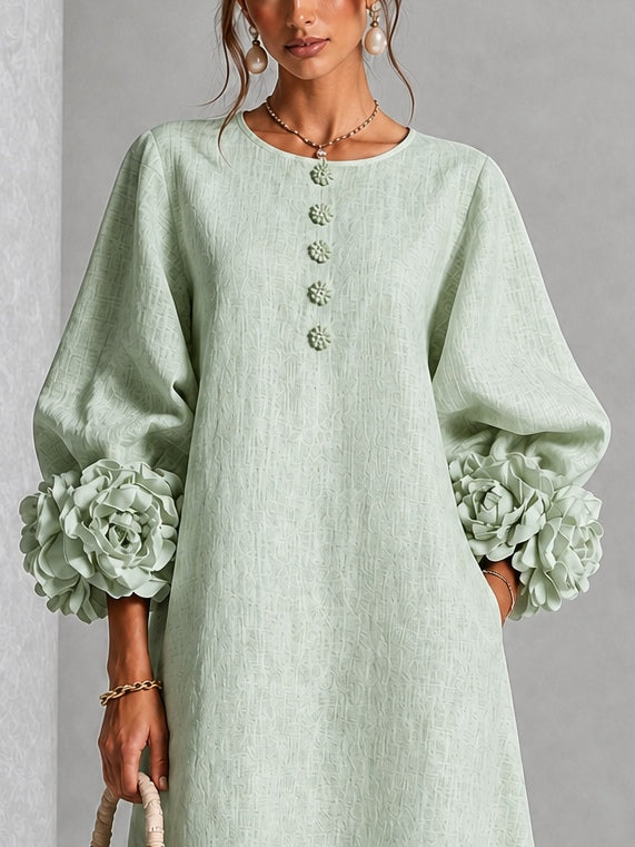 Capucine | Robe midi à manches bouffantes et boutons fleuris