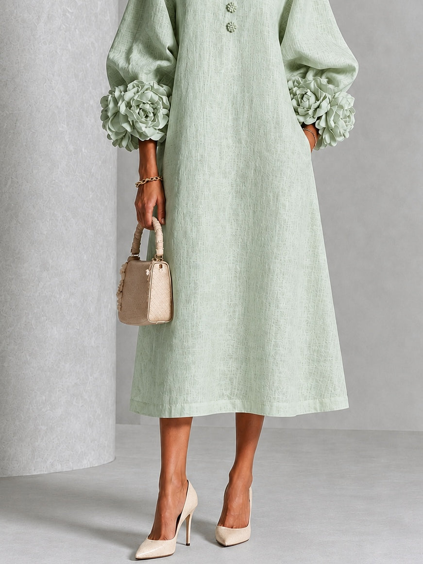 Capucine | Robe midi à manches bouffantes et boutons fleuris