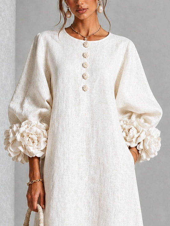 Capucine | Robe midi à manches bouffantes et boutons fleuris