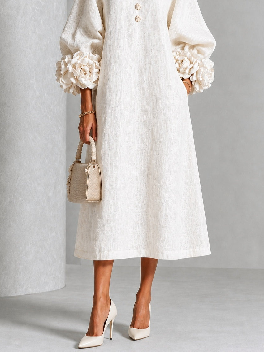 Capucine | Robe midi à manches bouffantes et boutons fleuris