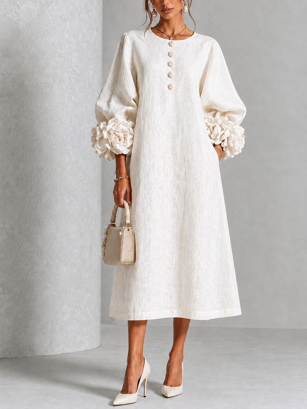 Capucine | Robe midi à manches bouffantes et boutons fleuris