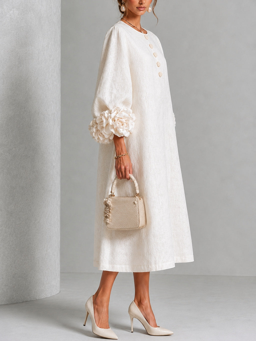 Capucine | Robe midi à manches bouffantes et boutons fleuris