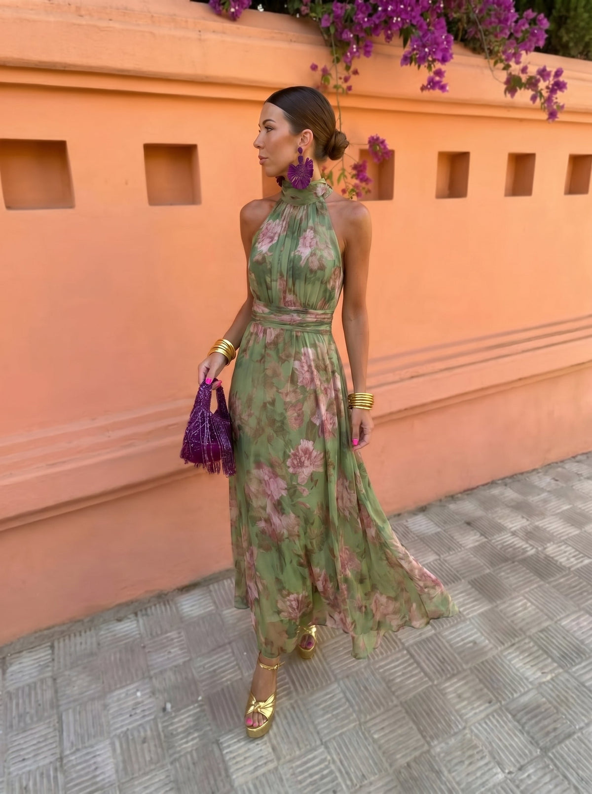 DELAMONT | Robe Longue Fleurie Encolure Plongeante Sandrine