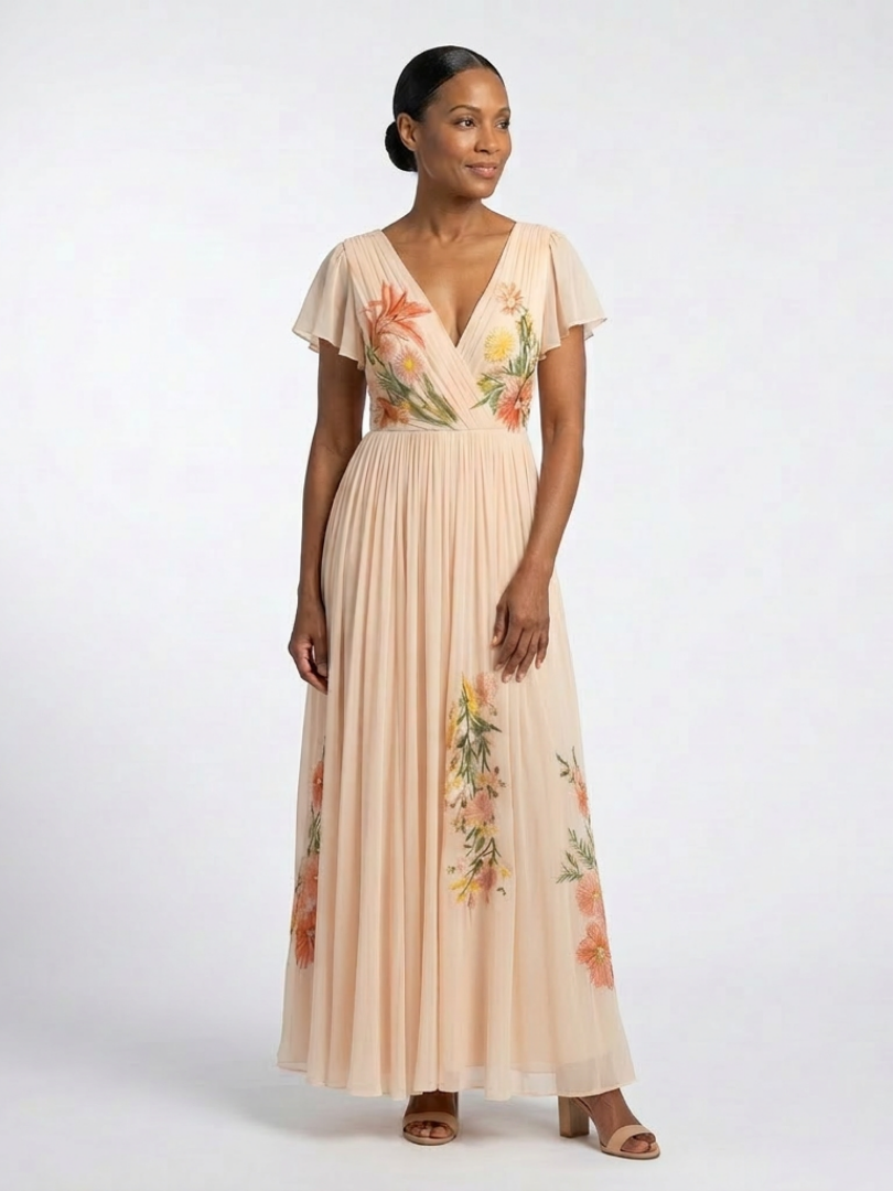 DELAMONT| Robe Maxi Florale Plissée à Manches Calista