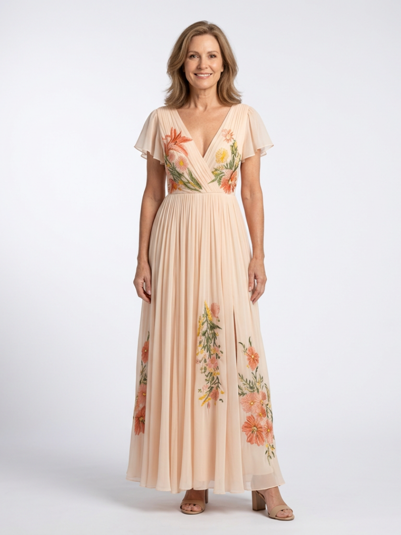 DELAMONT| Robe Maxi Florale Plissée à Manches Calista