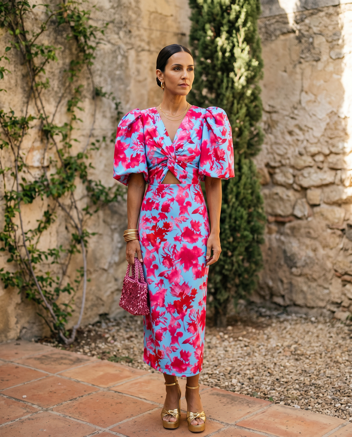 DELAMONT| Robe Mi-Longue Fleurie Manches Bouffantes Aveline