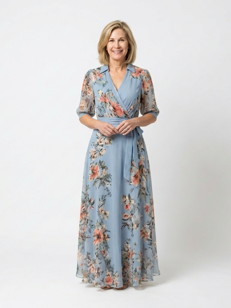 DELAMONT| Robe Maxi à Enveloppe à Col en V Floral Camille