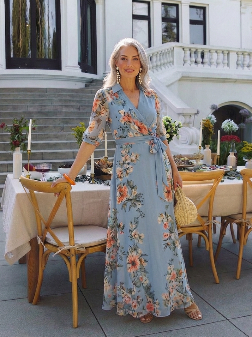DELAMONT| Robe Maxi à Enveloppe à Col en V Floral Camille